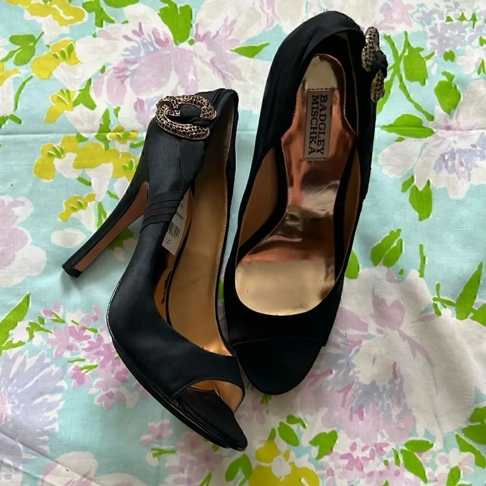 Badgley Mischka Satin Heels - Rhinestone Accent - 10